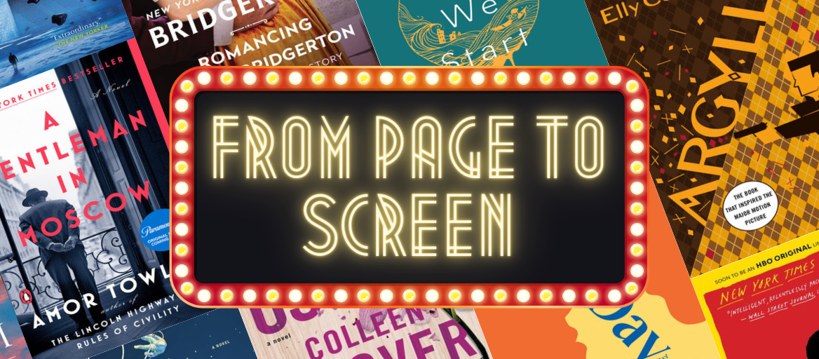 "FROM PAGE TO SCREEN" sign with marquee lights over a collage of book covers.