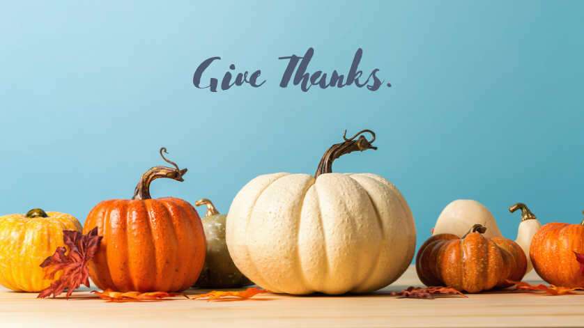 various sized pumpkins with the words give thanks