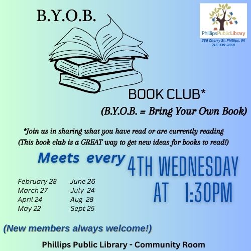 flyer for bring your own book club fourth wednesday of the month at one thirty p m