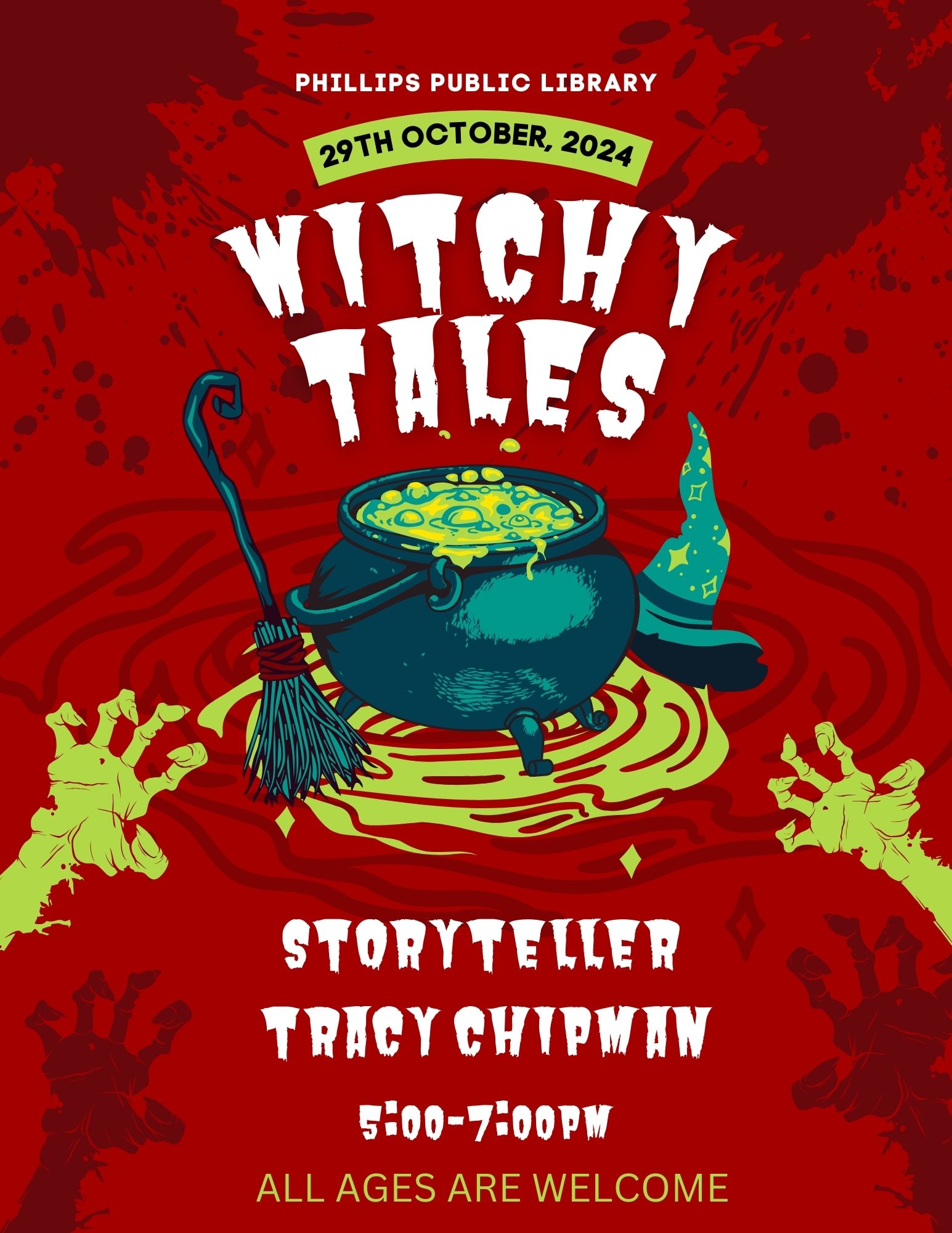 Flyer for Tracy Chipman October 29th 5 to 7 p.m. story telling event