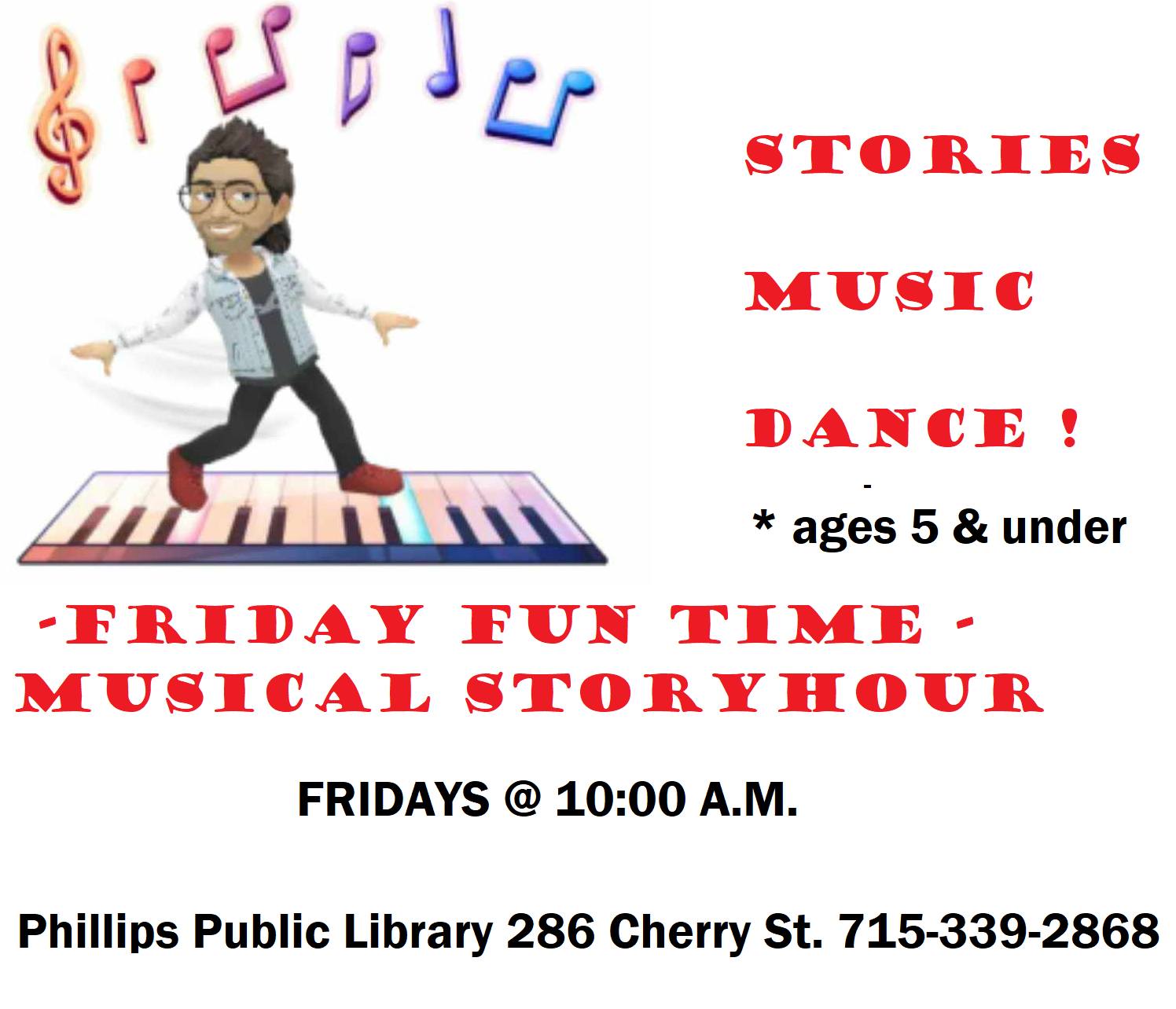 Image of musical notes floating over head of man dancing on a keyboard. Join us Friday mornings at 10 am for music and play! Ages 5 and under