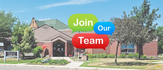 photo of Phillips Public Library in spring season with text saying "Join Our Team"