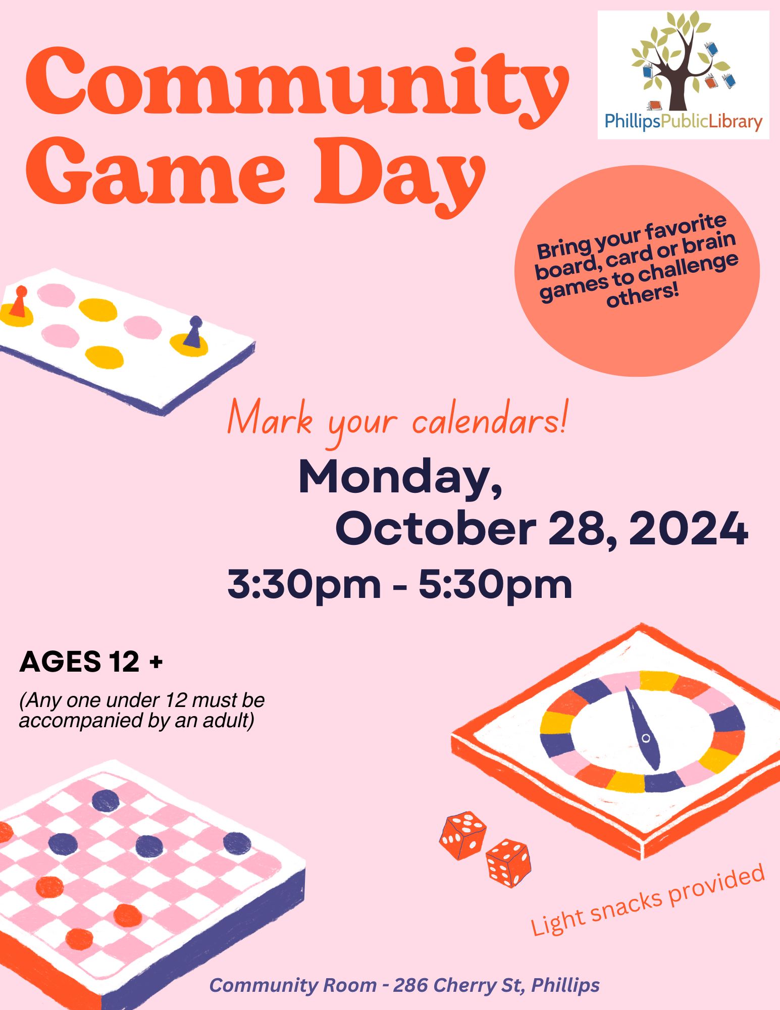 Community Game Day Monday October 28th 3:30 to 5:30 p.m.