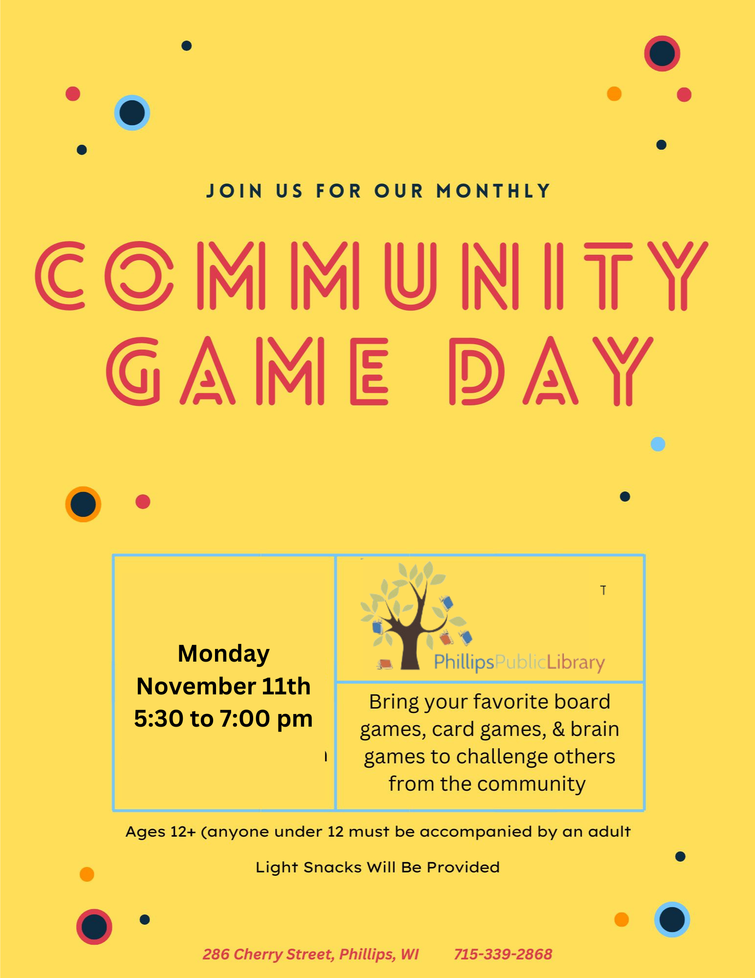 community game day monday november 11th at 5:30 p.m.