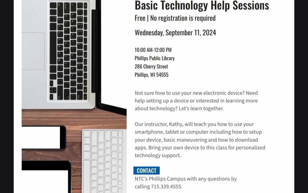 NTC Technology Help Session at Phillips Public Library 10 a m to 12 p m September 11th