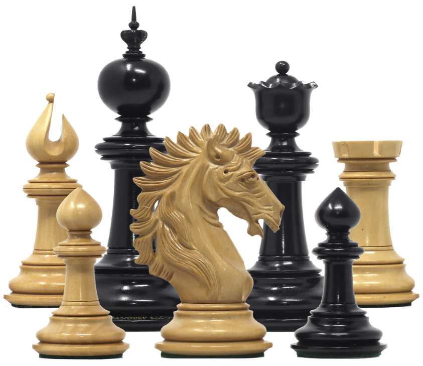 A group of large, detailed chess pieces in natural wood and black.