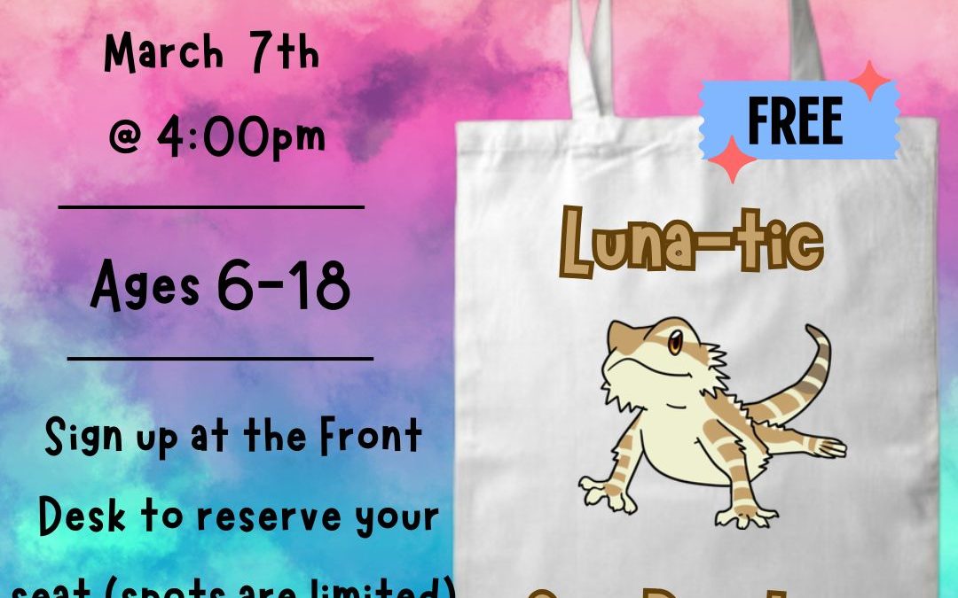 picture of canvas tote with cartoon lizard and words luna-tic for reading