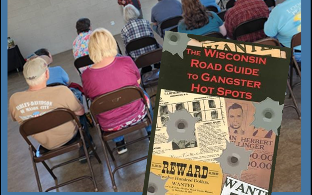 image of group of people listening to speaker overlayed by book