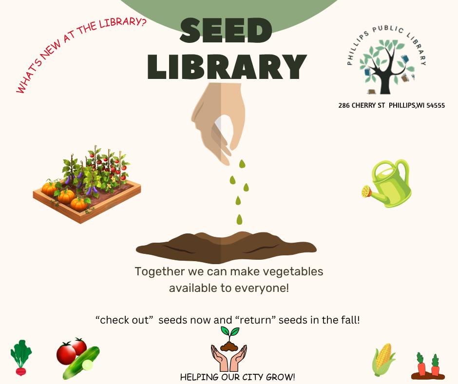 Flyer for a Seed Library with illustrations of hands planting seeds, vegetables, and a watering can, promoting vegetable seeds availability.