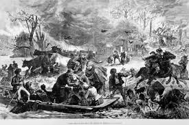 An illustration of people escaping a forest fire by boat, surrounded by livestock and burning buildings.