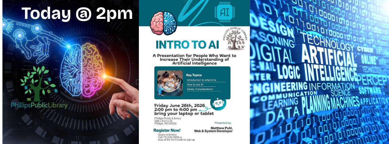 Promotional image for "Intro to AI" presentation featuring a brain graphic, event details, and a technology-themed background.