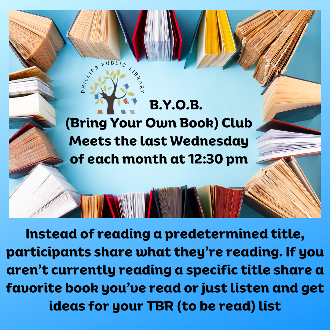 Overhead view of open books forming a circle with B.Y.O.B. Club promotional text in the center.