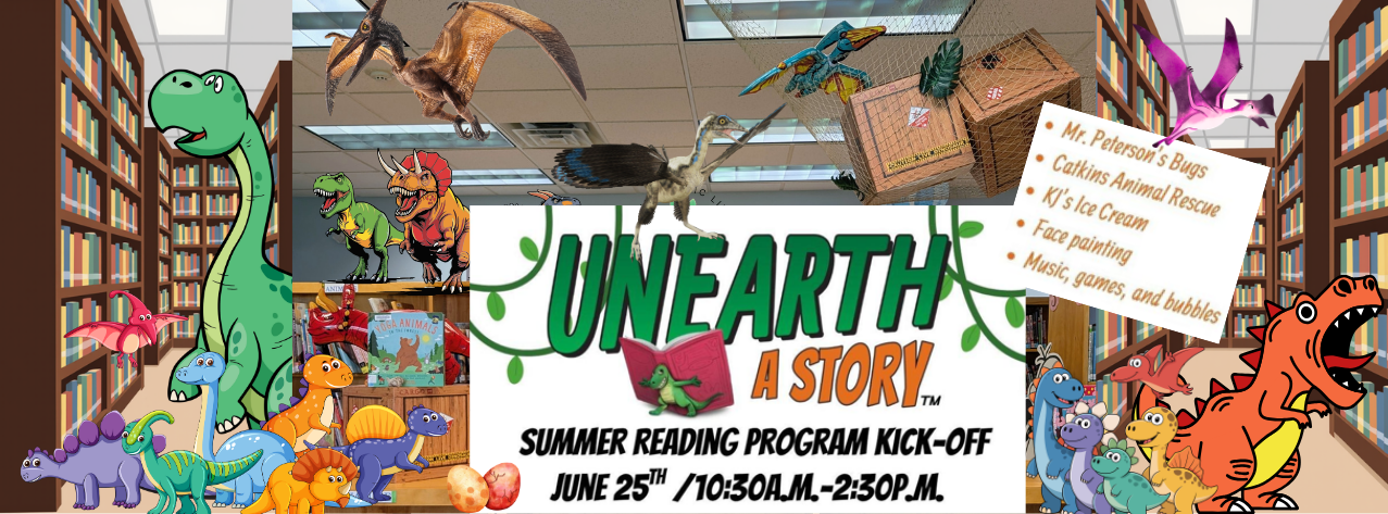 Colorful promotional image for a summer reading program featuring cartoon dinosaurs and event details, including activities such as face painting and animal rescue, scheduled for June 25th, from 10:30 a.m. to 2:30 p.m.