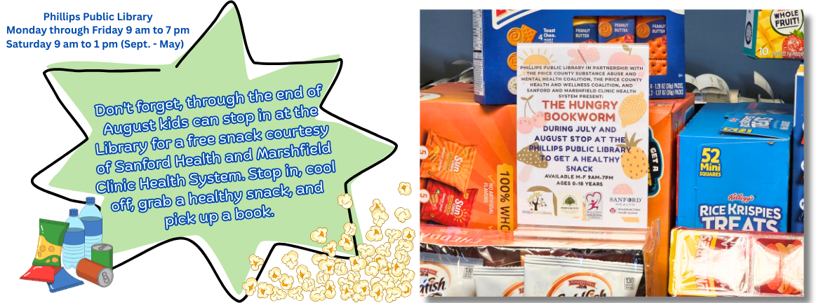A promotional display for a snack program at Phillips Public Library, featuring colorful snack items on a shelf and a star-shaped graphic with details about free snacks for kids.